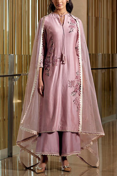 Pink floral sequin embroidered kurta set