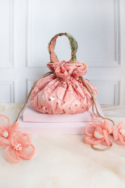 Pink floral sequin embroidered potli bag