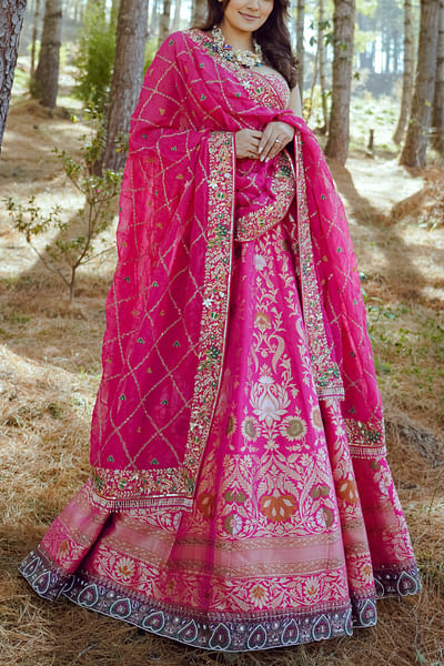 Pink floral woven banarasi lehenga set