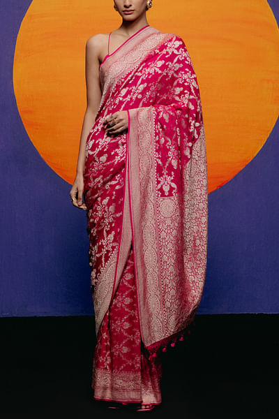 Pink floral woven banarasi sari set