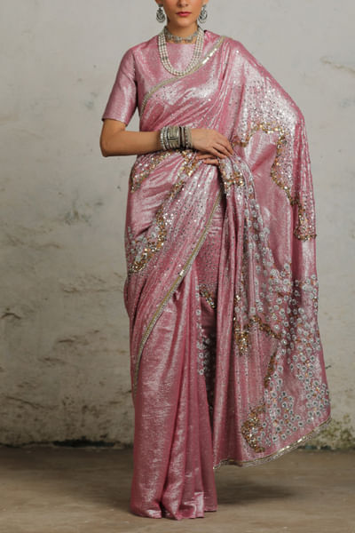 Pink floral zardozi embroidered sari set