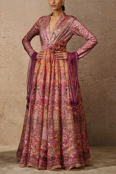 Pink foil jersey printed anarkali set