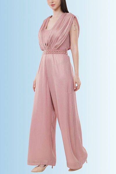 Pink gathered and draped jumpsuit set