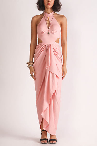 Pink halter neck draped dress