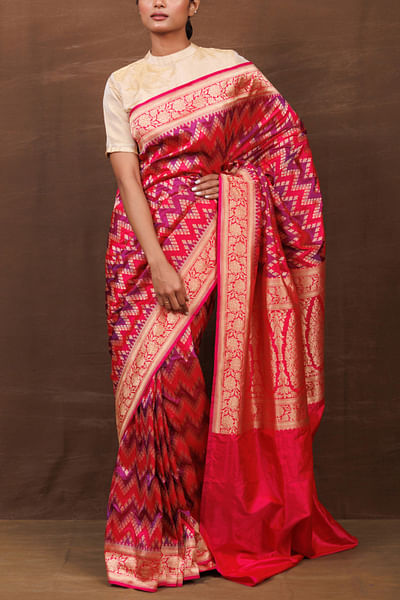 Pink handwoven banarasi muga silk sari