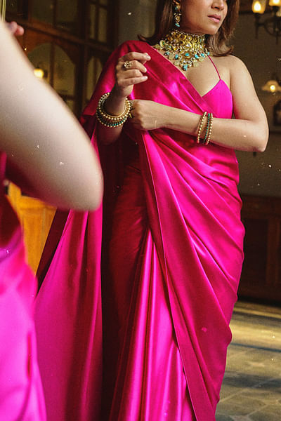 Pink handwoven satin sari set