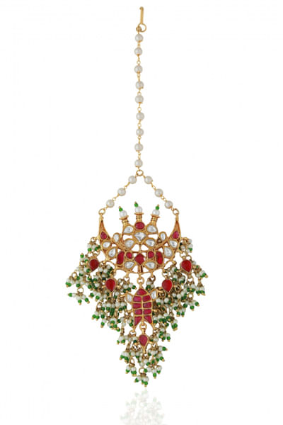 Pink jadtar maang tikka