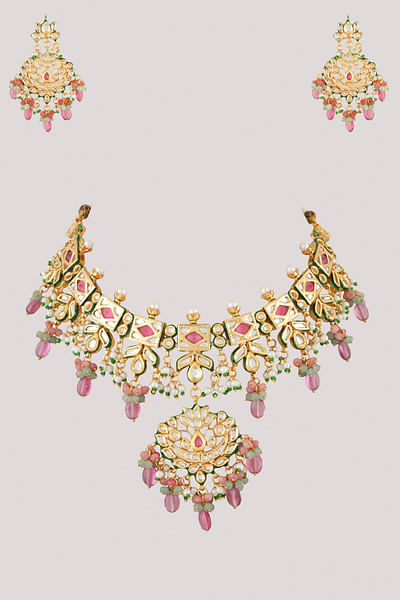 Pink kundan polki necklace set