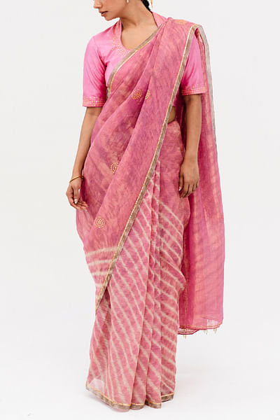 Pink leheriya tie-dye mirror work sari set
