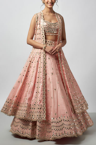 Pink mirror embellished jacket lehenga set