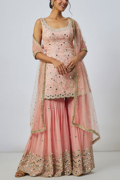 Pink mirror embellished sharara set