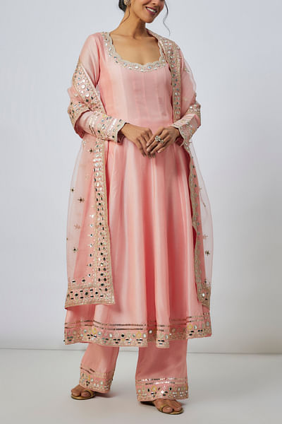 Pink mirror embroidered anarkali set