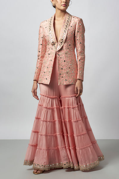 Pink mirror embroidered blazer set
