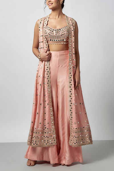 Pink mirror embroidered cape set