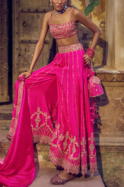 Pink mirror embroidered halter sharara set