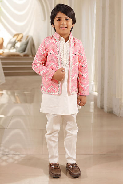 Pink mirror embroidered jacket and kurta set