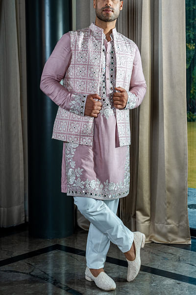 Pink mirror embroidered jacket and kurta set