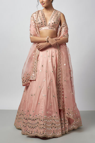 Pink mirror embroidered lehenga set