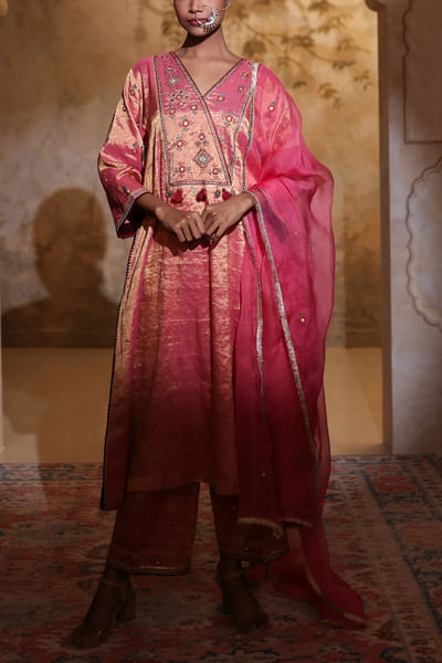 Pink mirror embroidered overlap kurta set