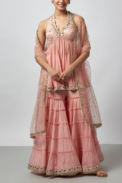 Pink mirror embroidered sharara set