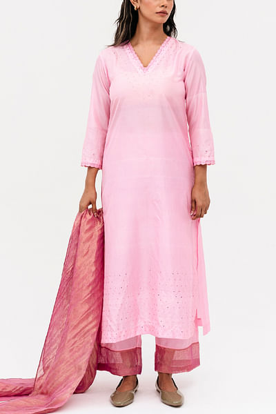 Pink mirror work kurta set