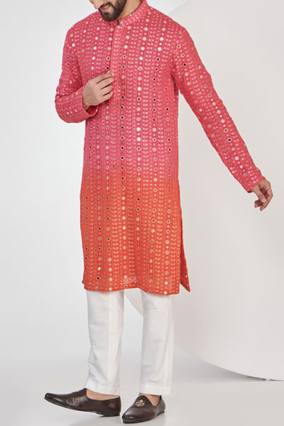 Pink mirror work ombre kurta