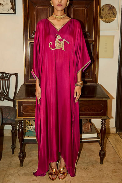 Pink monkey sequin embroidered kaftan