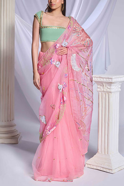 Pink moon and sun patchwork sari set
