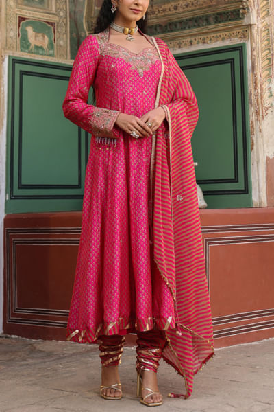 Pink motif printed embroidered anarkali set