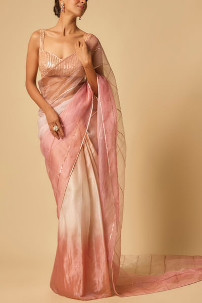 Pink ombre tissue pre-draped sari set