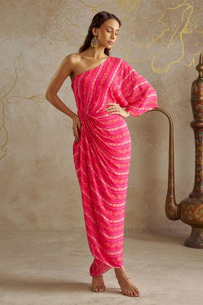 Pink one-shoulder printed dress