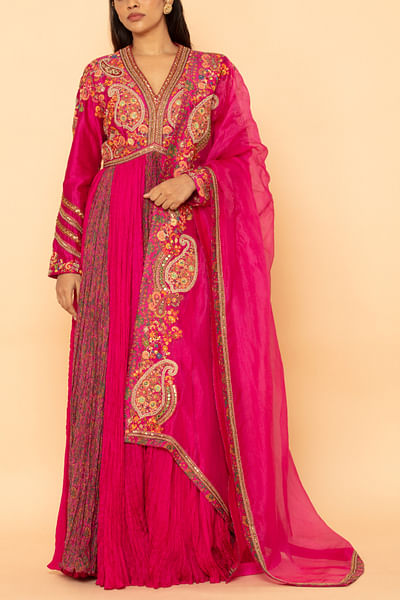 Pink paisley embroidered crushed anarkali set