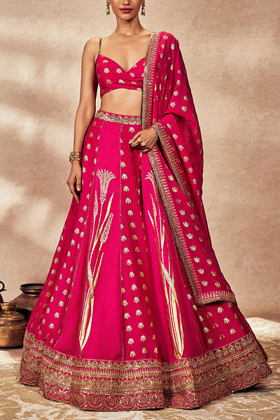 Pink palm tree foil print lehenga set