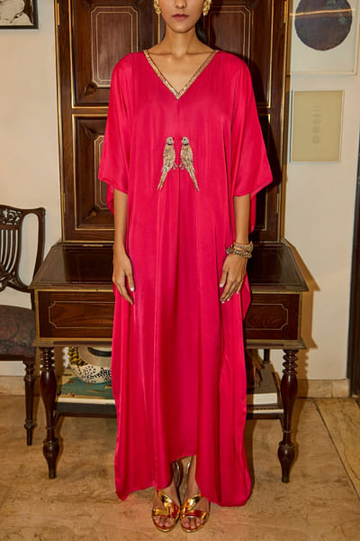 Pink parrot sequin embroidered kaftan