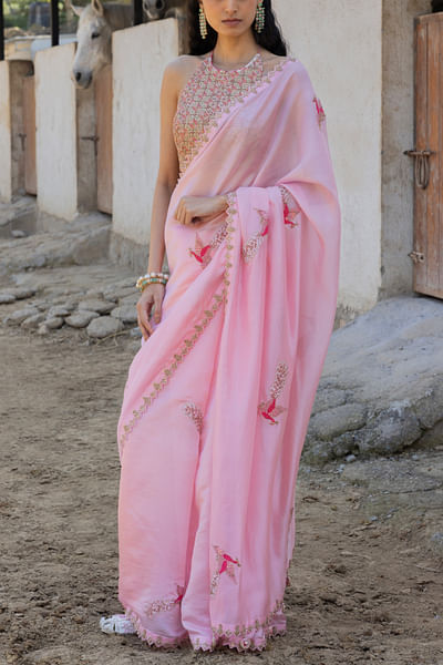 Pink peacock embroidered sari set