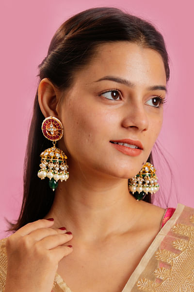 Pink pearl embellished jhumkas