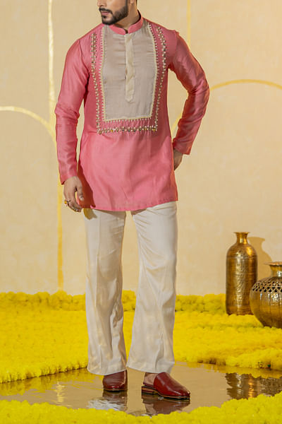 Pink pearl embroidered kurta set