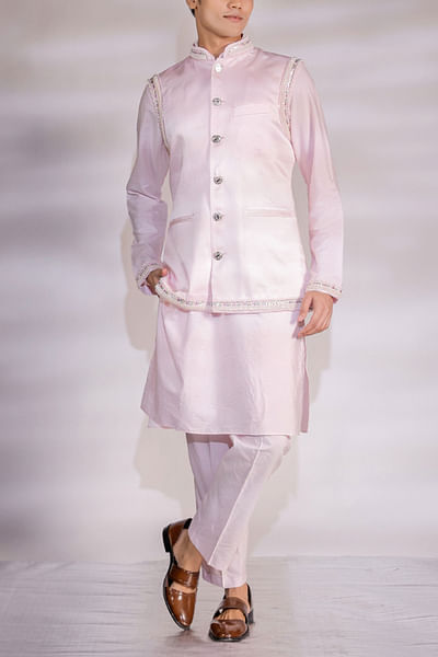 Pink pearl embroidery Nehru jacket kurta set