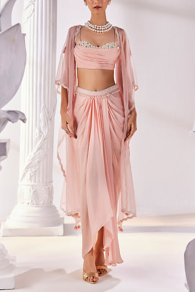 Pink pearl tasselled draped skirt and cape set