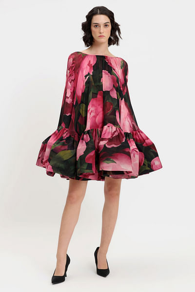 Pink peonies printed boat neck dress