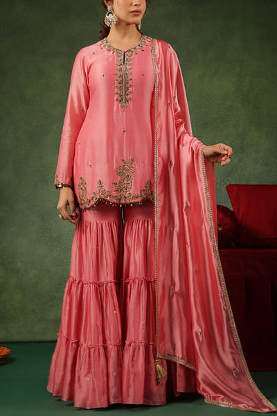 Pink pitta embroidery tiered gharara set