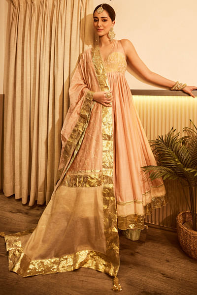 Pink plant dyed himroo woven angrakha anarkali set