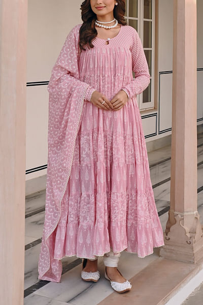 Pink polka and floral print tiered anarkali set