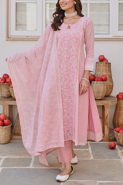 Pink polka and floral printed kurta set