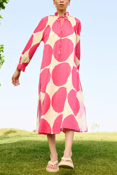 Pink polka dot printed midi dress