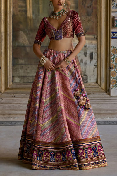 Pink printed embroidered lehenga set