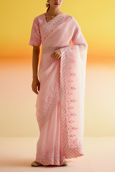 Pink printed embroidered sari set