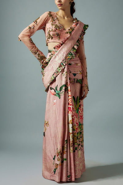 Pink printed sari set