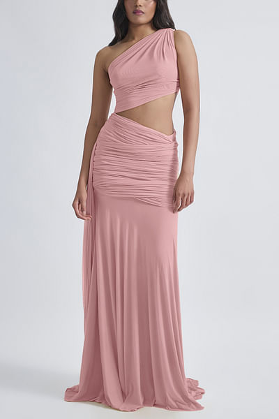 Pink ruched one-shoulder gown