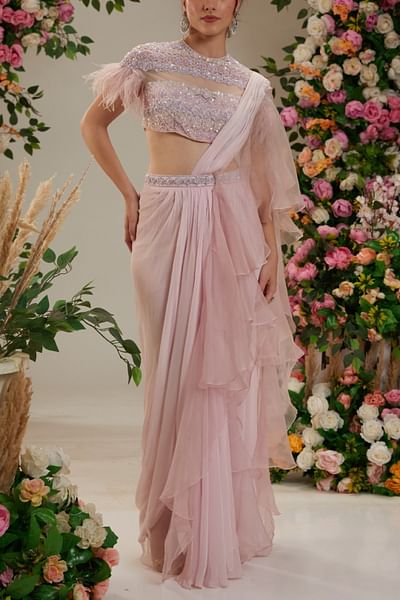 Pink ruffle pre-drape sari set